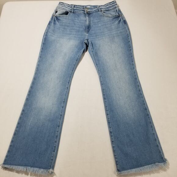 KanCan Bootcut Jeans 32 High Rise Curvy Double Button Light Sandblast Fringe Hem - Picture 1 of 9